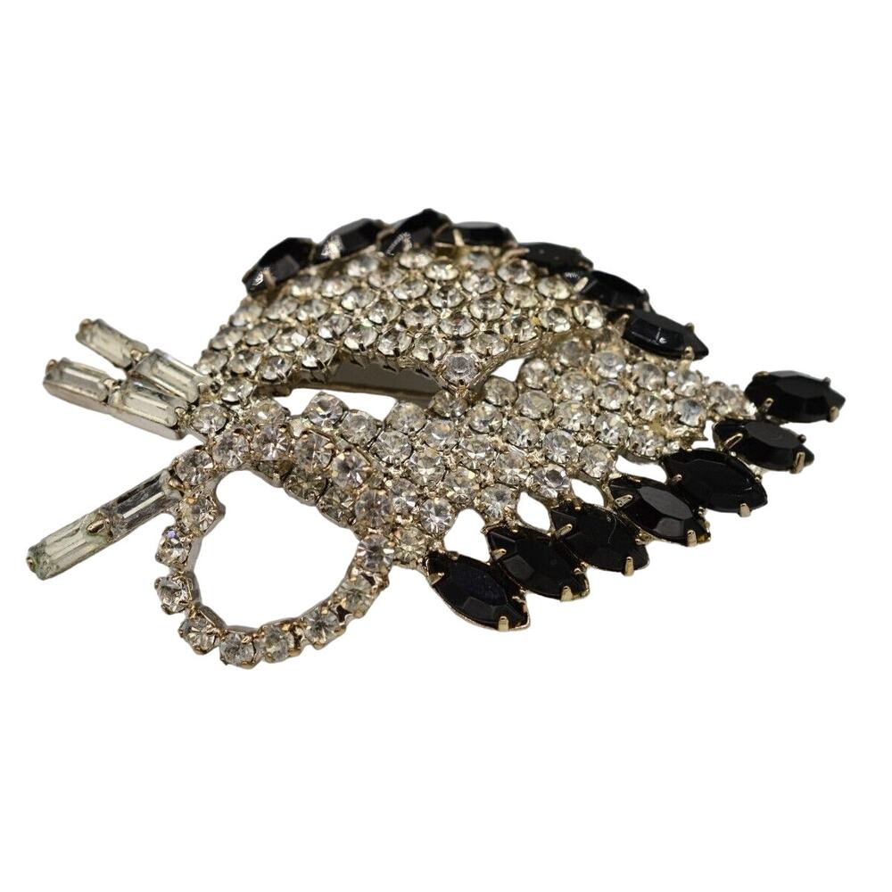 Vintage Crystal Leaf Pin Brooch Silver Rhinestone Black Marquise Art Deco BinV
